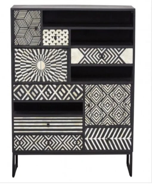 Ariel Bone Inlay Multi-Drawer Cabinet with Geometric Patterns - Solid Wood Storage Unit