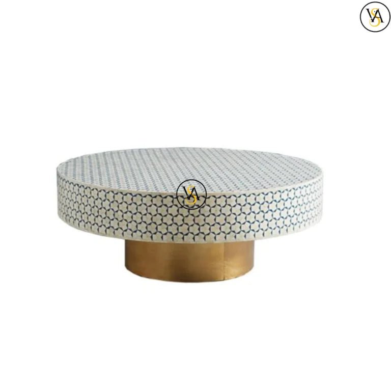 Side profile of round coffee table with Moroccan-inspired bone inlay design