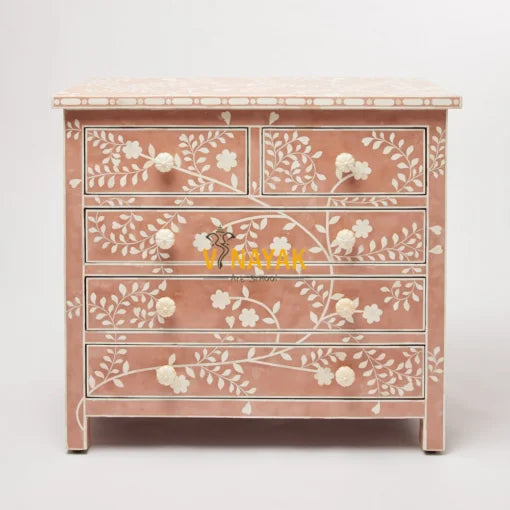 Beautiful Rose Pink Bone Inlay Chest of Drawers | Pink Dresser | Bone Inlay Pink Commode