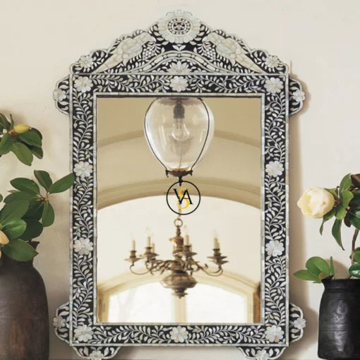 Black Bone Inlay Mirror with Parrot & Floral Pattern