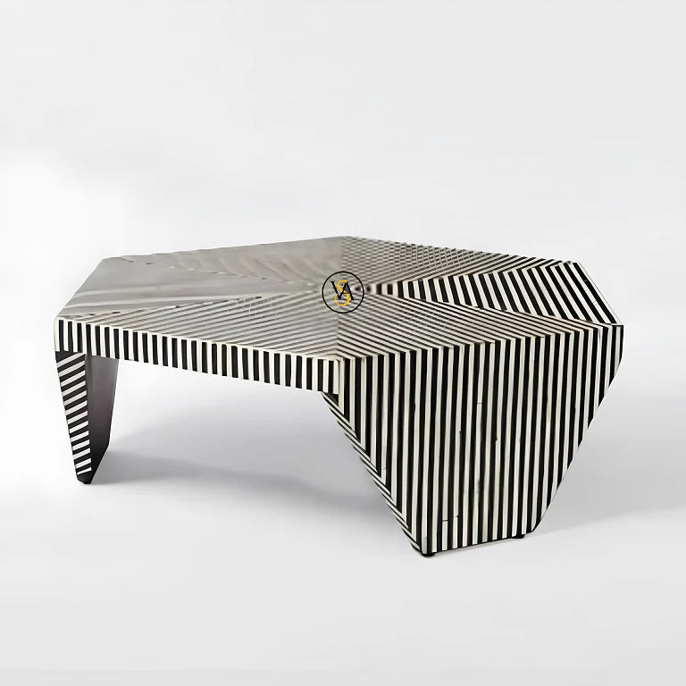 Modern bone inlay hexagon coffee table with optical stripe design on a white background