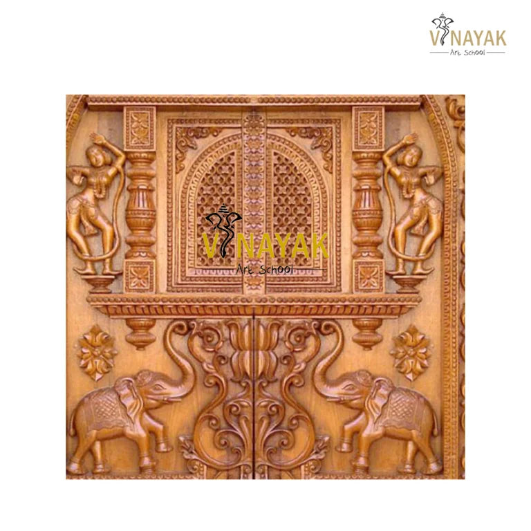 Hand-carved teak wood door with elephant motifs and dancers – upper section view