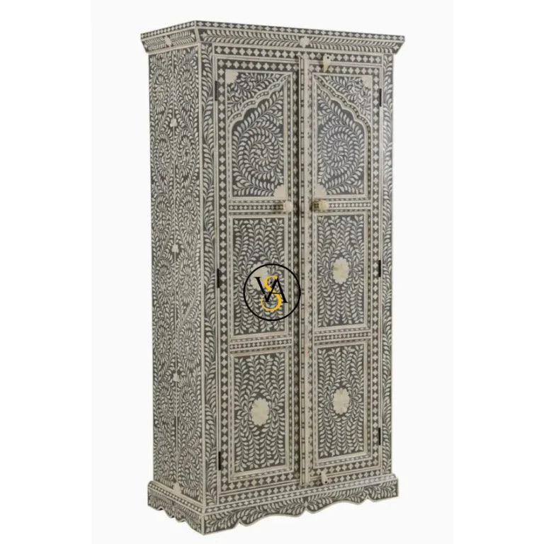 Jharokha Design Bone Inlay Floral Almirah Grey | Handmade Bone Inlay Cupboard