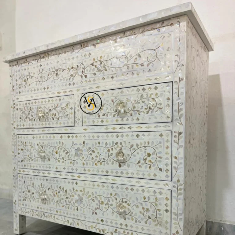 Mother of Pearl Inlay 4 Drawer Dresser White | Mother of Pearl chest of Drawer | Drawer With Mirror & LED | Living Room Furniture