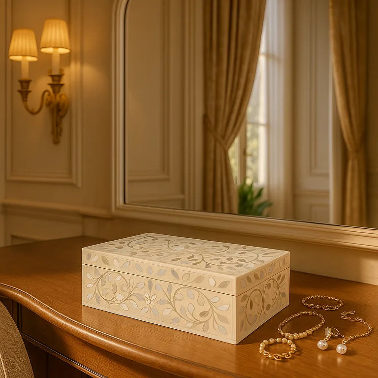 Mother Of Pearl Inlay Box White Floral Pattern | Storage Box