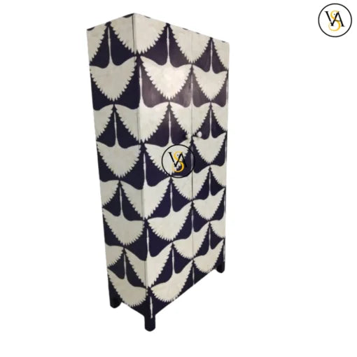 Angled side view of handcrafted bird pattern bone inlay almirah