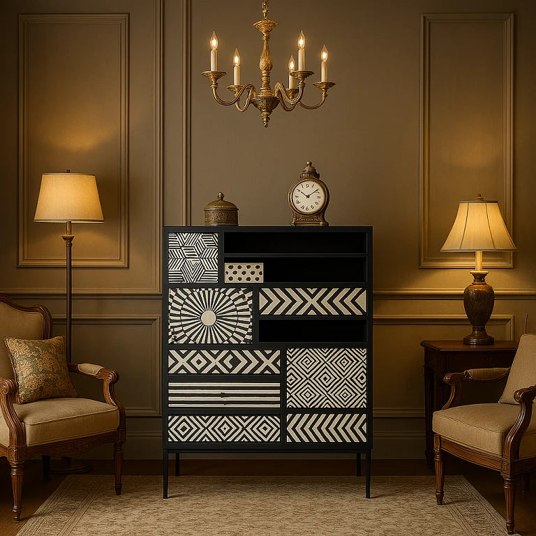 Ariel bone inlay cabinet with geometric drawer designs in a vintage setting