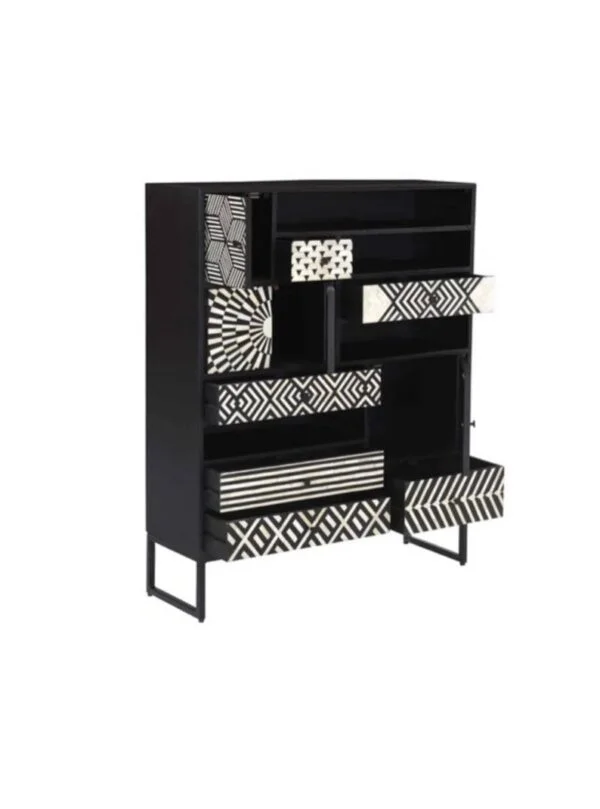Geometric bone inlay cabinet drawers open view