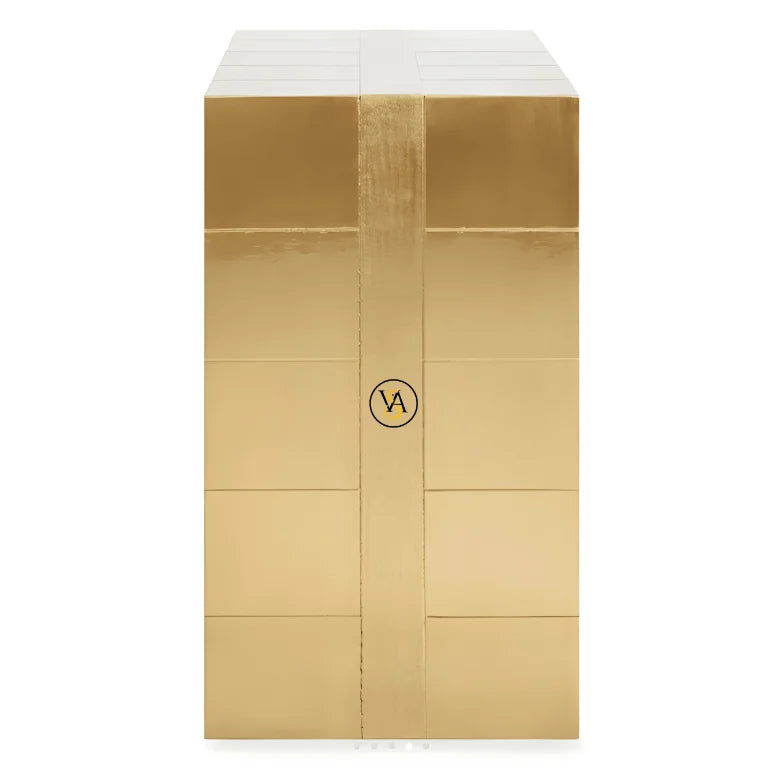 Side rear view of gold brass-finished cabinet showcasing sleek panel design