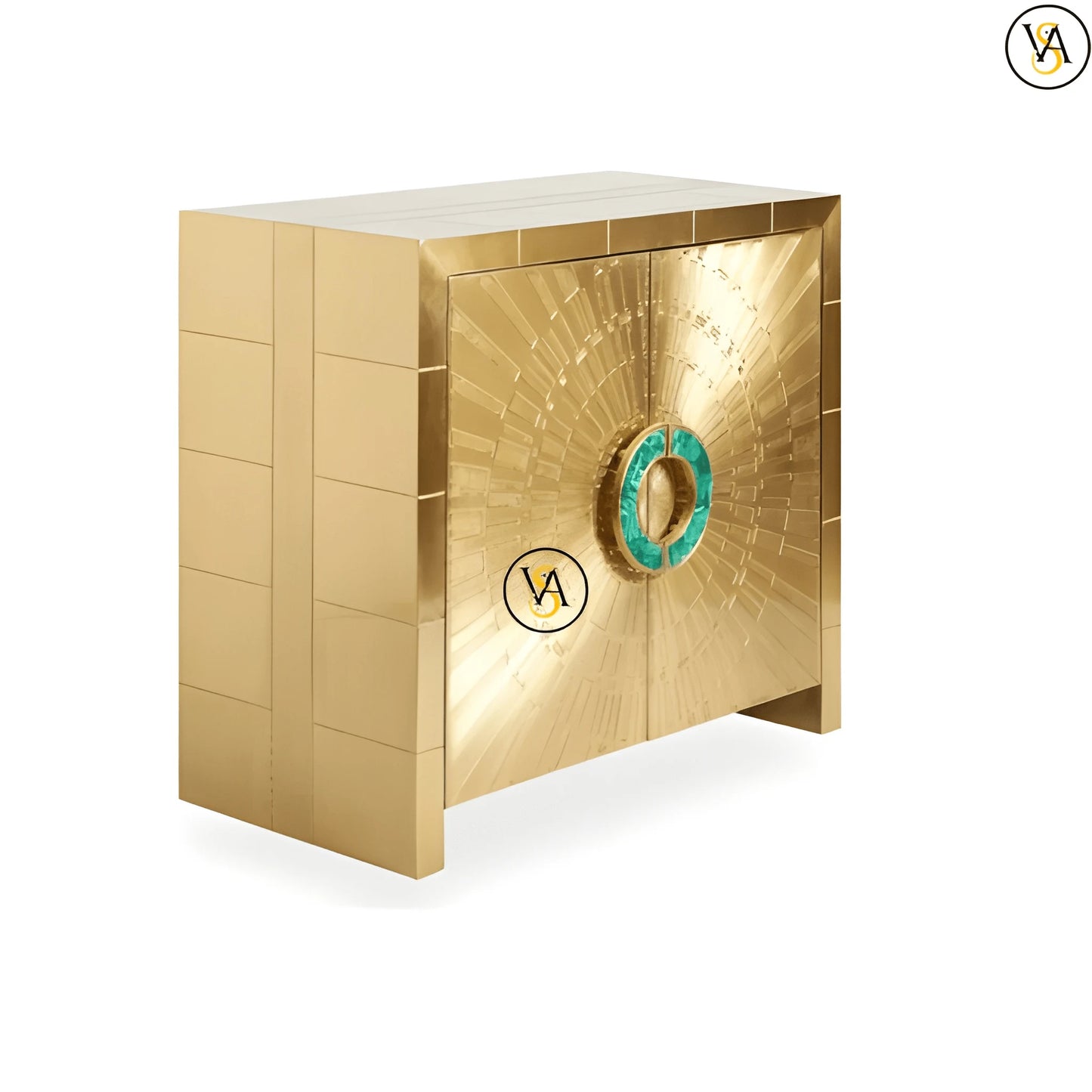 Angled product shot of brass cabinet with radiant sunburst door detail