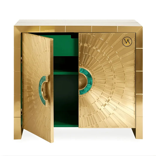 Cabinet doors open revealing inner green polish and shelf storage