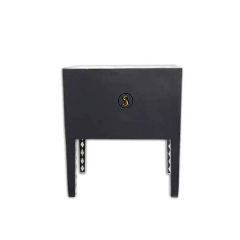 Black bedside table back view with a logo on a white background