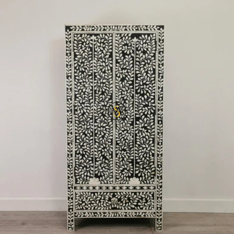 Black Bone Inlay Armoire Cupboard with Floral Design – Closed View