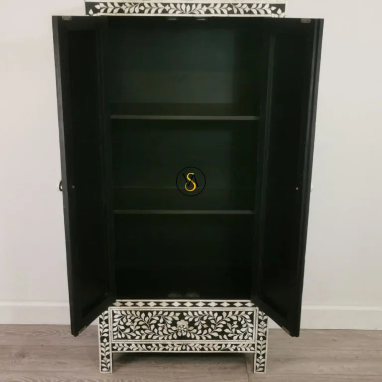 Black Bone Inlay Armoire Cupboard – Open View with Shelves