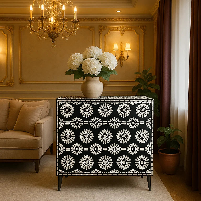 Black bone inlay chest with floral motifs, styled in a luxurious living room with chandelier and flower vase on top