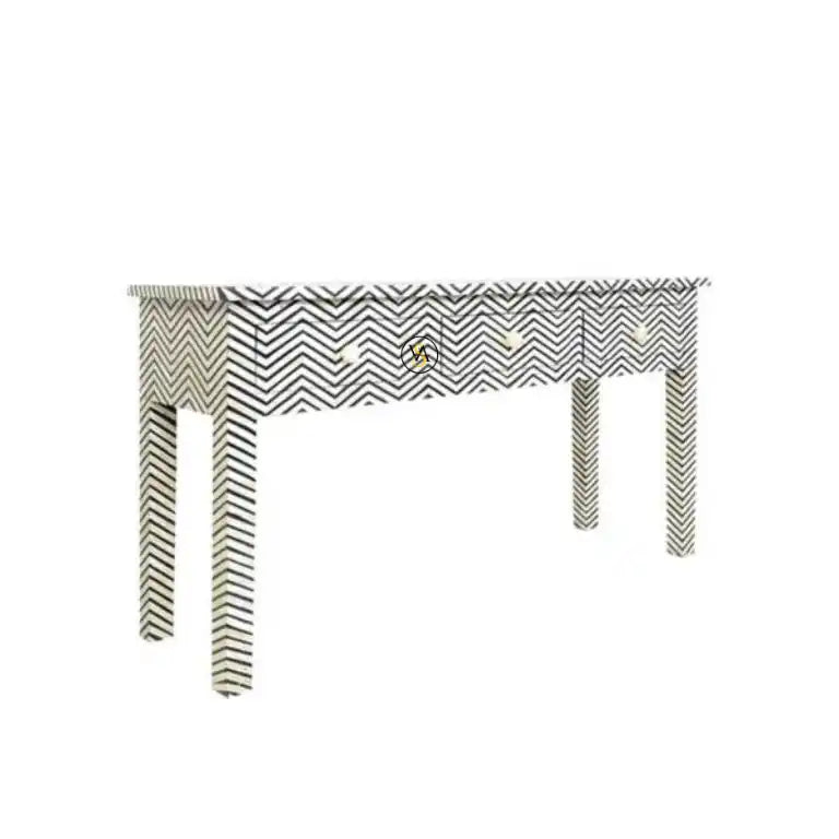 Black Bone Inlay 3 Drawer Console Table with Chevron Design side angle view showing detailed pattern