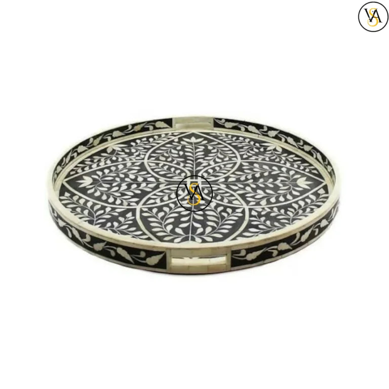 Side view of black bone inlay serving tray with floral pattern