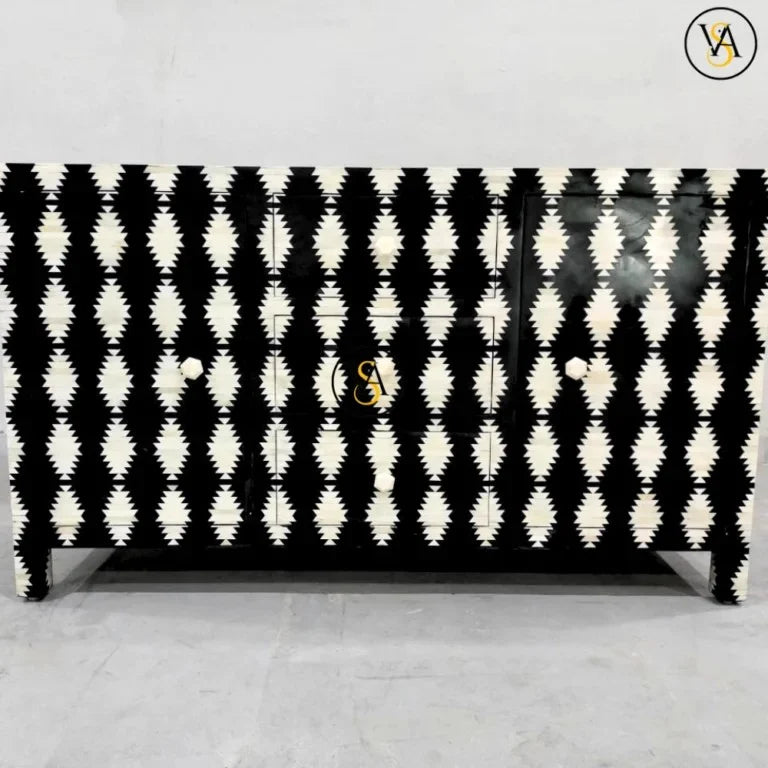 Front view of black bone inlay cabinet with diamond chevron pattern