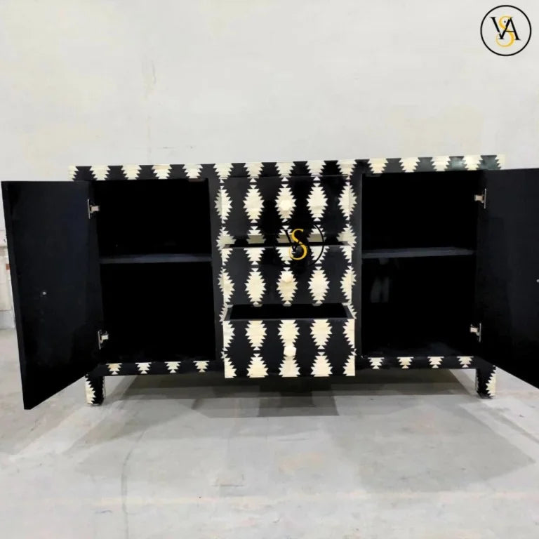 Black bone inlay sideboard with doors open showing internal storage