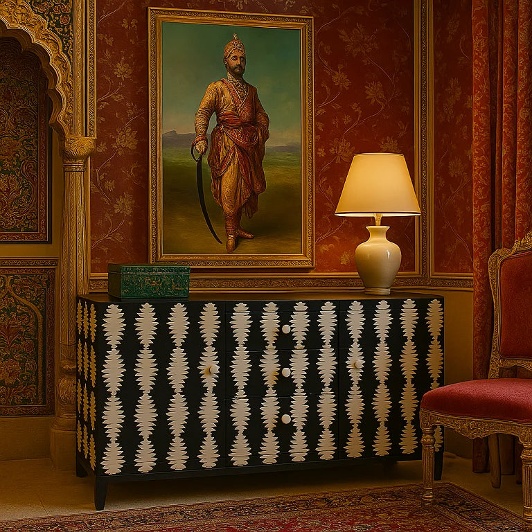 A Bone Inlay Sideboard with a geometric design, featuring three drawers and two doors, placed in a room with a portrait painting, a lamp, and a patterned wall.