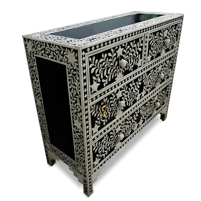 Black Floral Embossed Bone Chest Of 4 Drawers