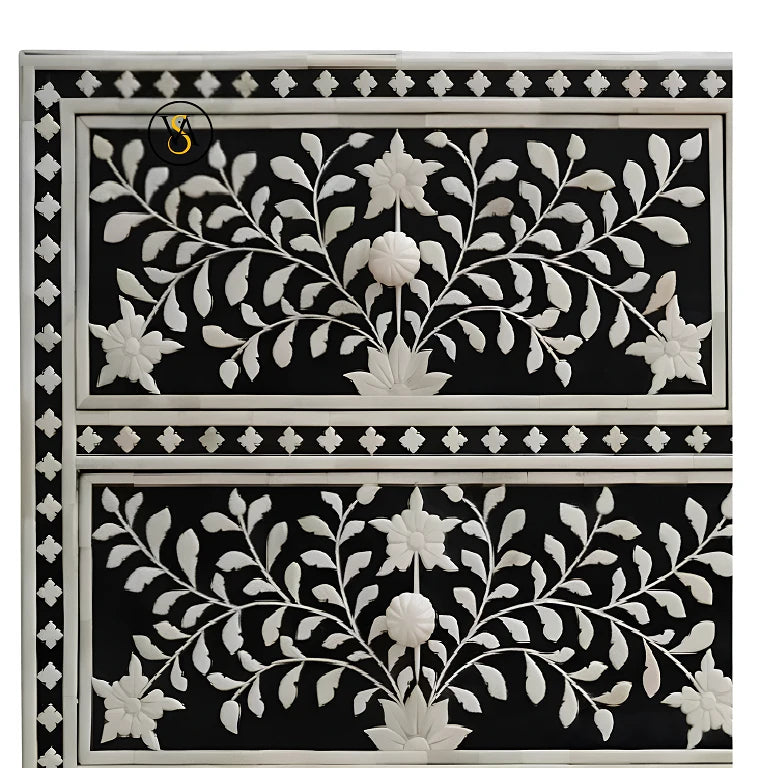 Black Floral Embossed Bone Chest Of 4 Drawers