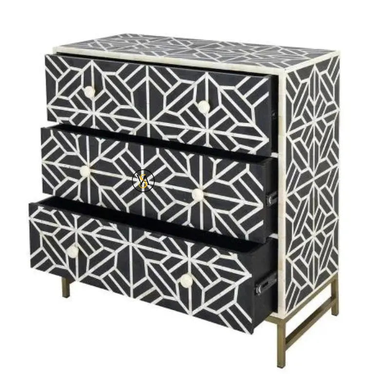 Luxury Bone Inlay Geometric Pattern Dresser – Open Drawers