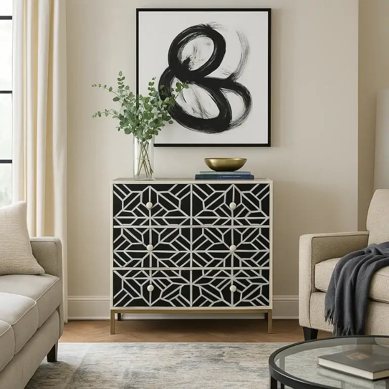 Black Luxury Bone Inlay Chest of Drawer in Modern Living Room Setup