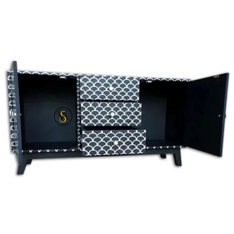 Open view showing drawers and cupboard storage in black mother of pearl sideboard
