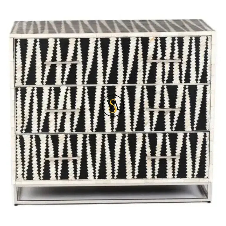Black and White Bone Inlay Chest of Drawer with 3 Drawers