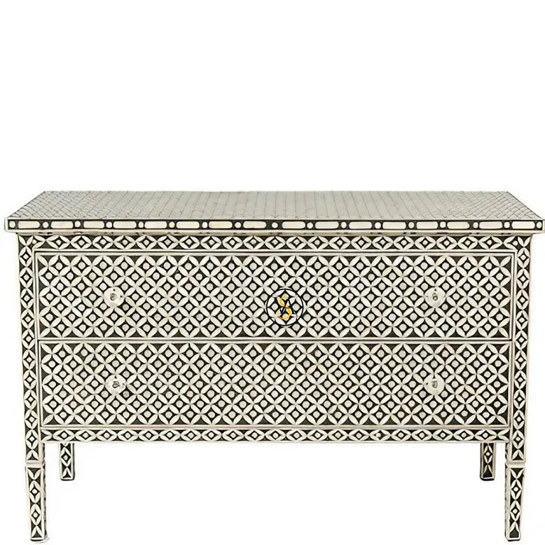 Decorative bone inlay dresser with floral black-and-white detailing