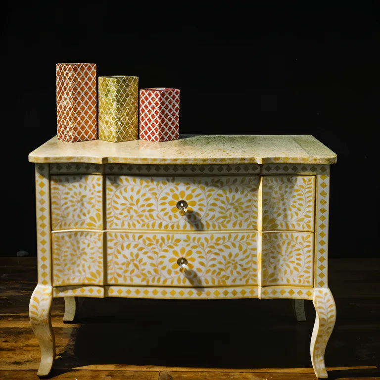 Bone Inlay 2 Drawers Floral Design Console Table in Yellow Color