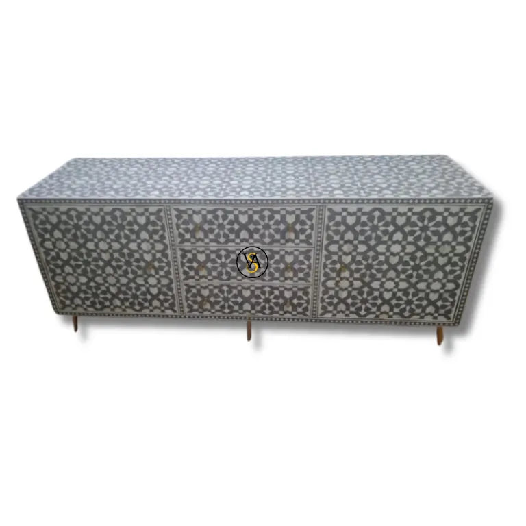 Front view of grey bone inlay 3-drawer 2-door sideboard