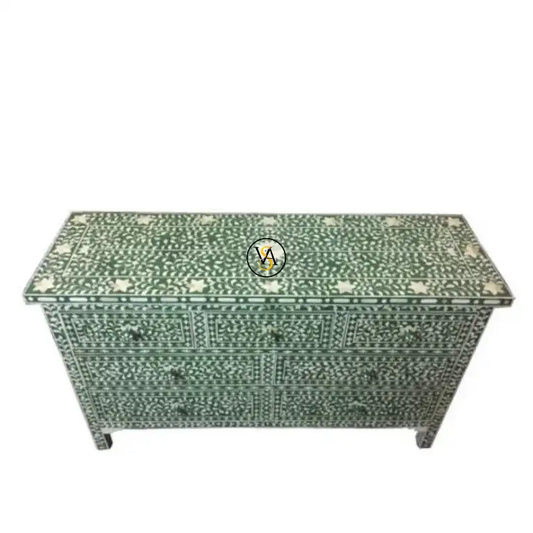 Bone inlay 7 drawer chest dresser top view green color