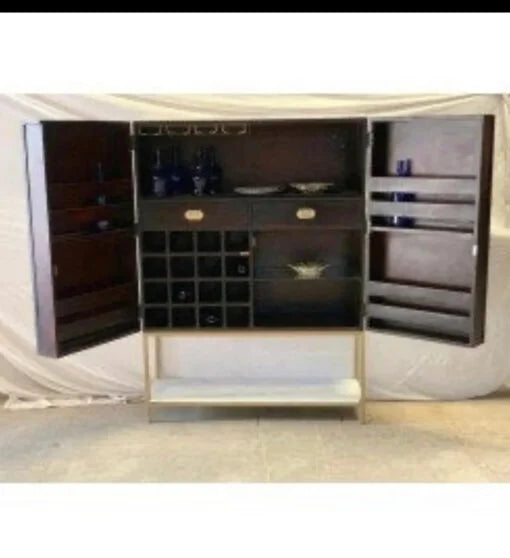 Open view of bone inlay bar cabinet with wine racks, shelves, drawers and glass holders