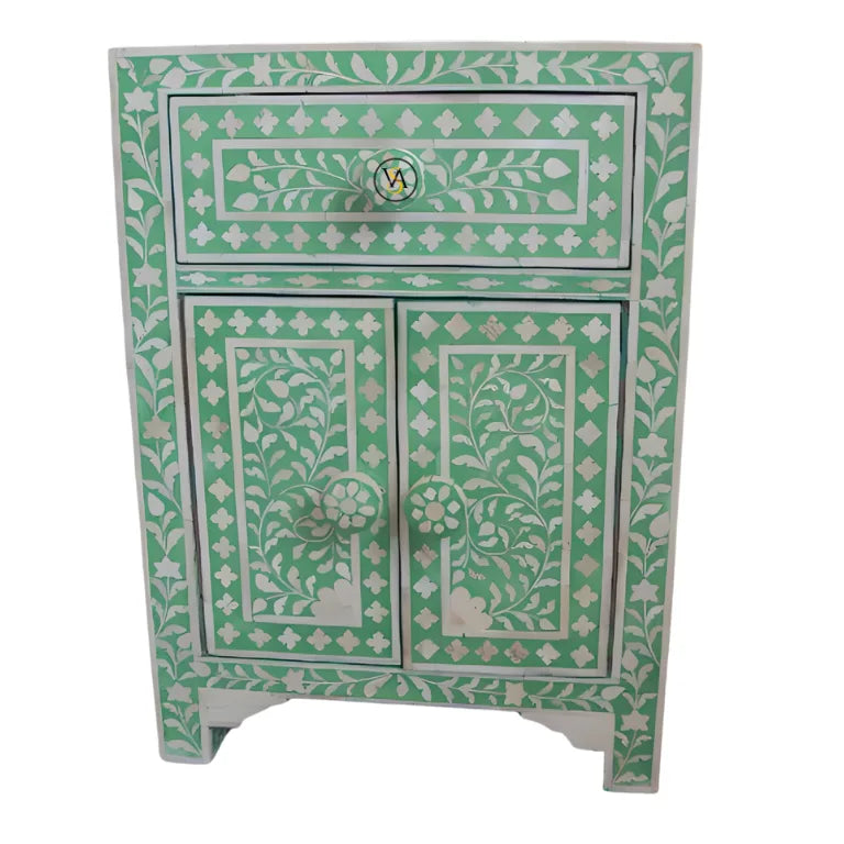 Handcrafted green bone inlay nightstand with one drawer and two cupboard doors – front view