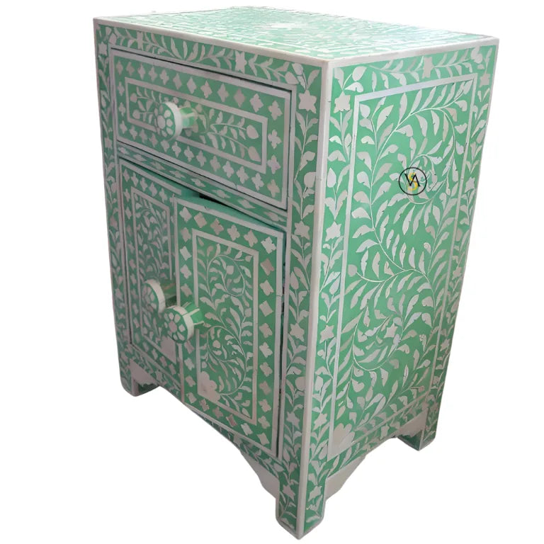 Bone inlay bedside table with floral pattern – front and side view
