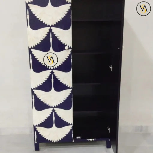 Handcrafted bone inlay almirah with bird pattern - front open view