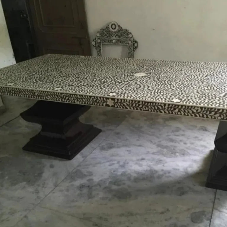 rectangular shape bone inlay black dining table side view handcrafted floral pattern