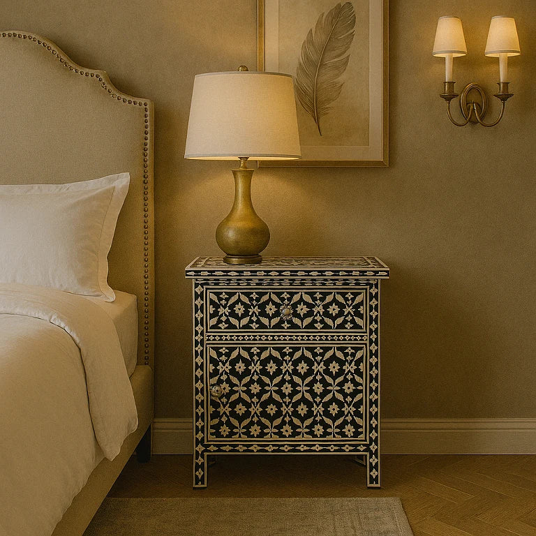 A black side cabinet with bone inlay design, placed next to a bed in a bedroom setting, featuring a lamp and wall sconces in the background.