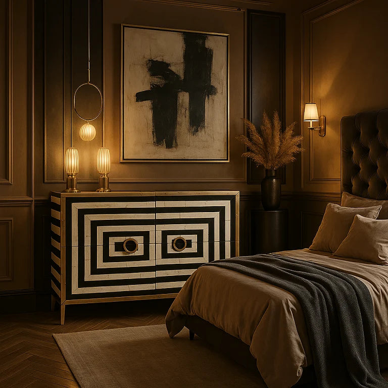 Artistic bone inlay cabinet in a dark luxurious bedroom with moody lighting