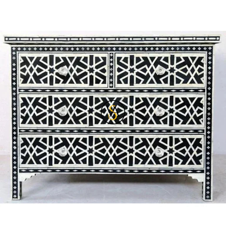 Front View of 4-Drawer Black Bone Inlay Chest - Iberia Design