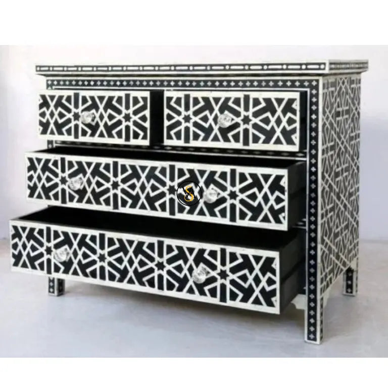 Bone Inlay Chest of Drawers with Iberia Design in Black and White Finish
