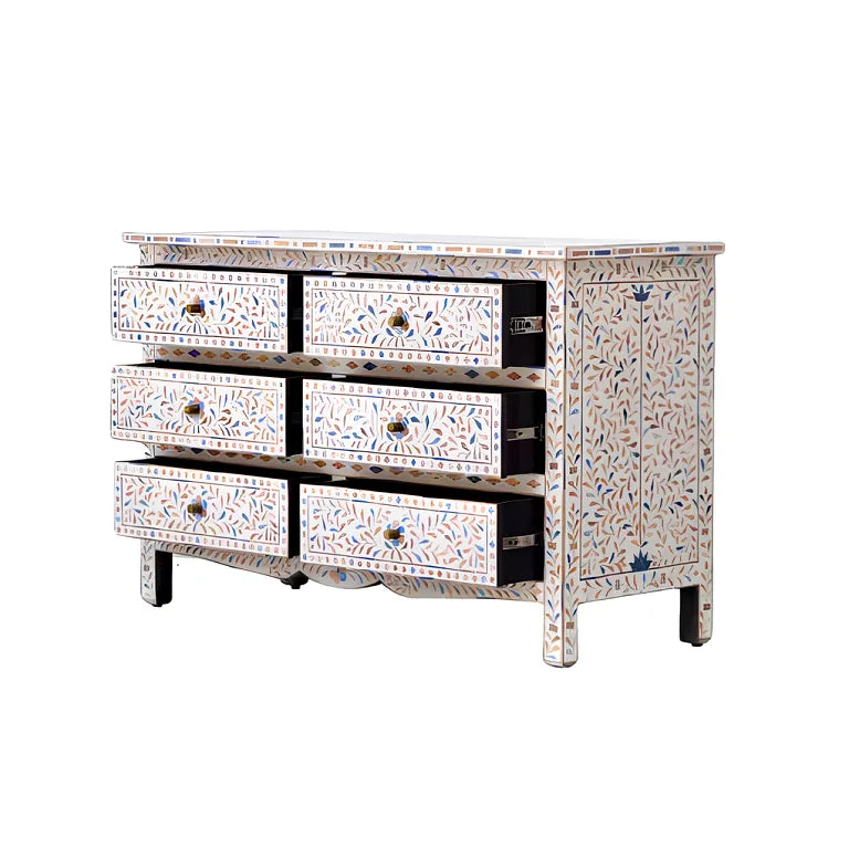 Side view of floral bone inlay dresser with open drawers
