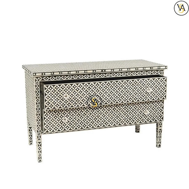 Handmade bone inlay chest with open drawer showing depth – angled view