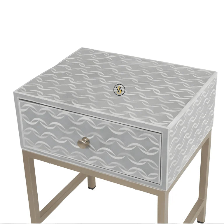 Close-up of Bone Inlay Nightstand with Geometric Design