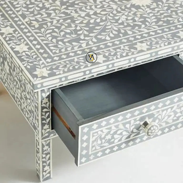 Gray Bone Inlay Coffee Table with storage drawer open view