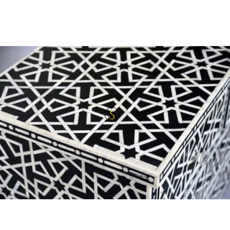 Close-up of Geometric Iberia Pattern on Black Bone Inlay Drawer Chest