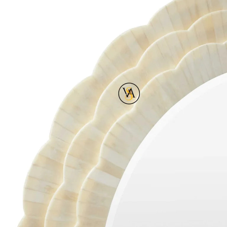 Three white bone inlay plates with a logo on a white background