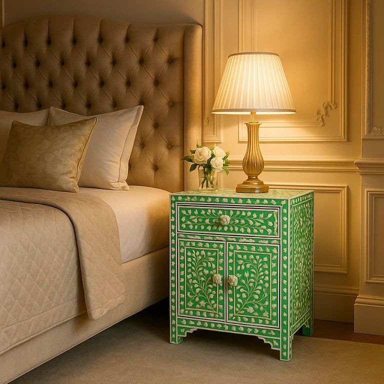 Green bone inlay cabinet styled as a bedside table with lamp and roses in a luxury bedroom
